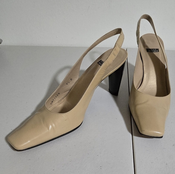 Stuart Weitzma Vintage Sling Back Square Toe Office Career Leather Heel Size 8.5 - Picture 1 of 12